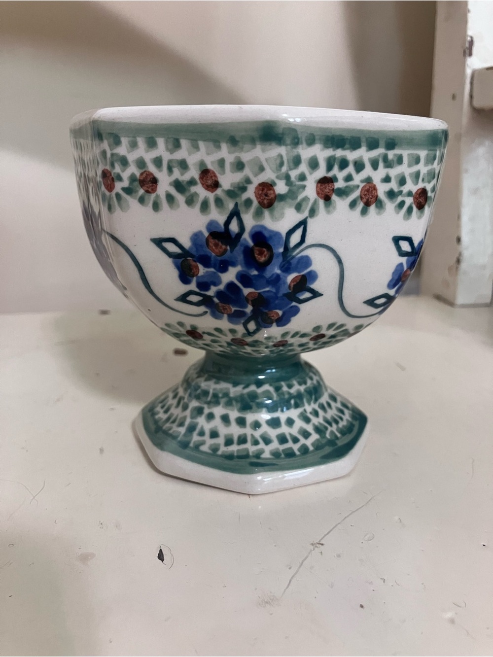 Hand-Painted Floral Ceramic Egg Cup - Blue & Green
